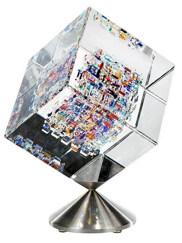 Untitled by Jon Kuhn, 2003, spinning cube of fused glass on metal base, sold Feb 2020