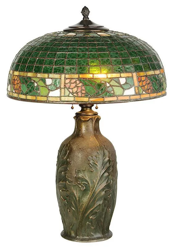Leaded Glass Table Lamp by Bigelow Kennard, primarily green shade with banded pine cone design, sold Nov 2018