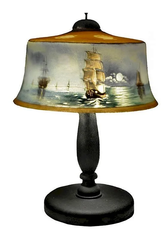 Scenic Reverse-Painted Glass by Pairpoint, bombé-form glass shade with painted scallop-shell border, sold May 2015
