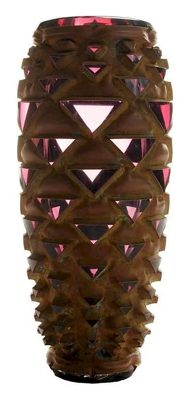 Untitled by Michael Glancy, 1988, large-scale faceted vase in "ruby" glass with copper, sold Sep 2014