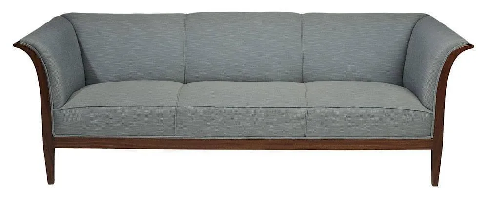 Designed Danish by Frits Henningsen, mahogany-frame set with pale blue modern upholstery, sold Sep 2014