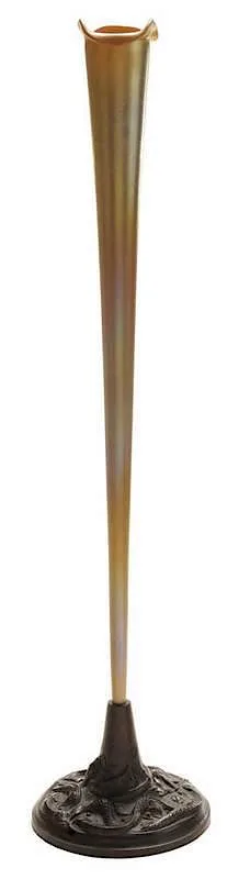 Quezal, Art Glass Vase on Bronze, 1901, slender tapered art glass vase