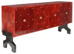 Aldo Tura, MID-CENTURY RED GOATSKIN PARCHMENT-CLAD SIDEBOARD, 1960s, each with brass studwork