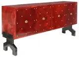 Aldo Tura, MID-CENTURY RED GOATSKIN PARCHMENT-CLAD SIDEBOARD, 1960s, each with brass studwork