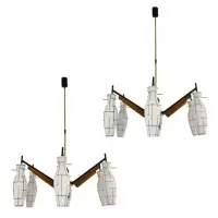 Stilnovo, 1958 Italian Pair of Glass 6-Light Teak, 1958, and Brass Chandeliers