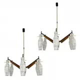 Stilnovo, 1958 Italian Pair of Glass 6-Light Teak, 1958, and Brass Chandeliers