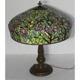 Handel, Gilt Metal Table Lamp And Leaded Shade, An enameled metal base and shade signed