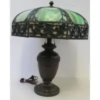 Signed Leaded Glass Table Lamp by Handel, Nice original shade on top of a bronze base both signed Handel, sold May 2016