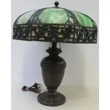 Signed Leaded Glass Table Lamp by Handel, Nice original shade on top of a bronze base both signed Handel, sold May 2016