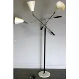 for Arteluce Trienalle Floor Lamp by Gino Sarfatti, Midcentury with 3 adjustable arms and conical white enameled shades, sold Mar 2013