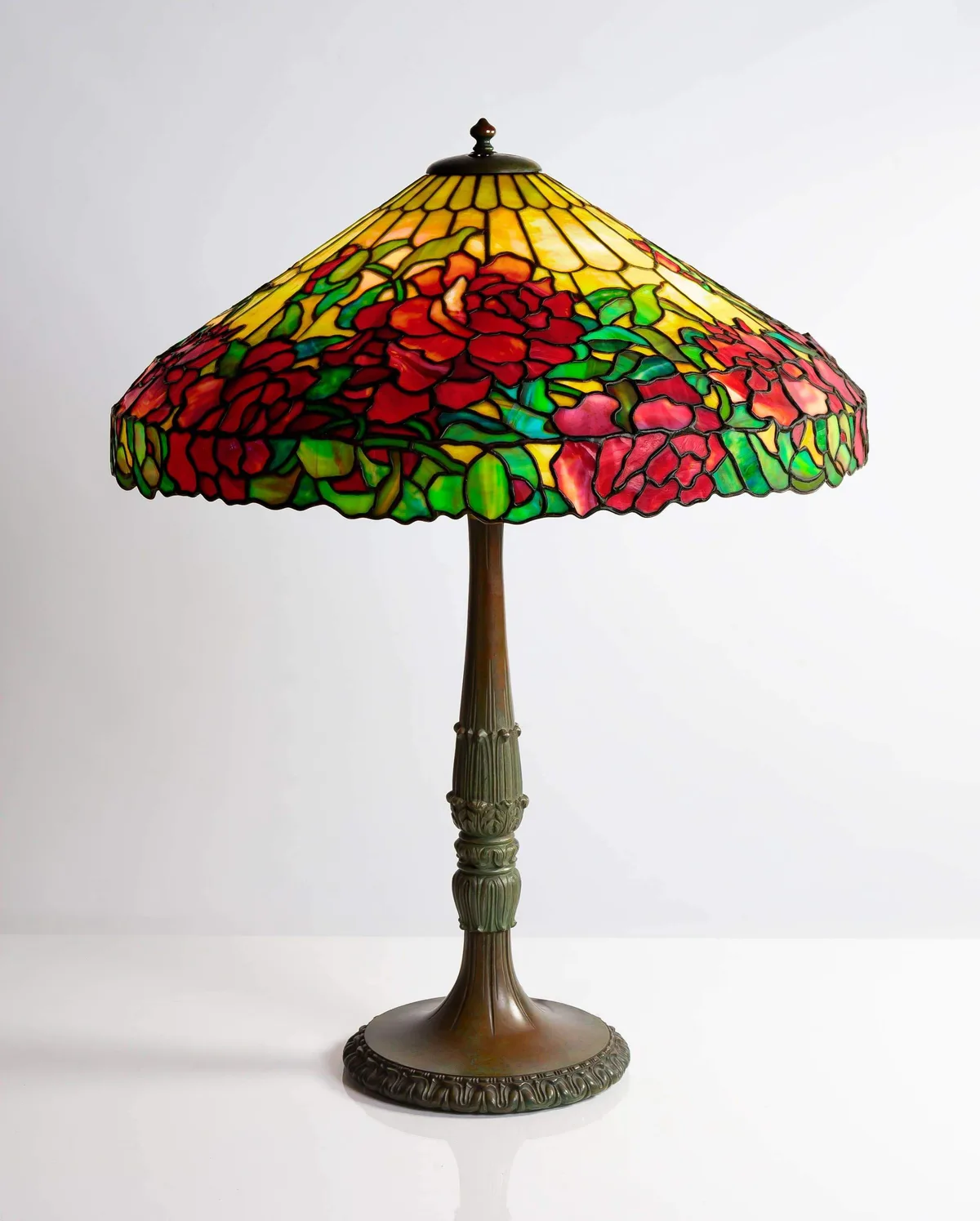 Duffner & Kimberly, Peony, circa 1910, Leaded glass and patinaed bronze
