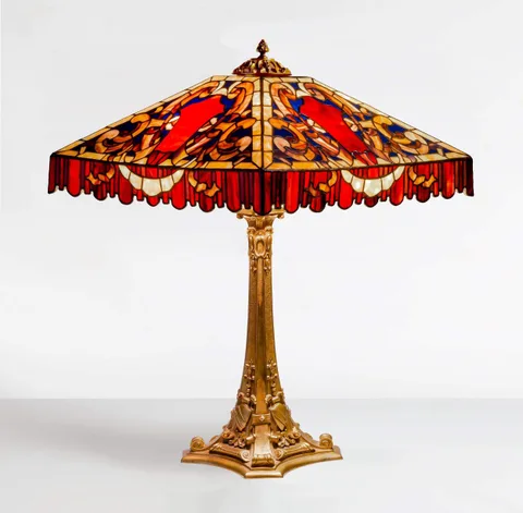 Duffner & Kimberly, Elizabethan Table Lamp, circa 1906, leaded glass and patinaed bronze