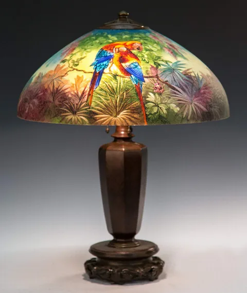 Handel, Reverse Painted Parrot Lamp