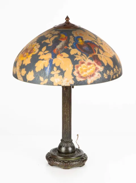 Bird & Butterfly Lamp by Handel, 1915, reverse painted glass, sold May 2024