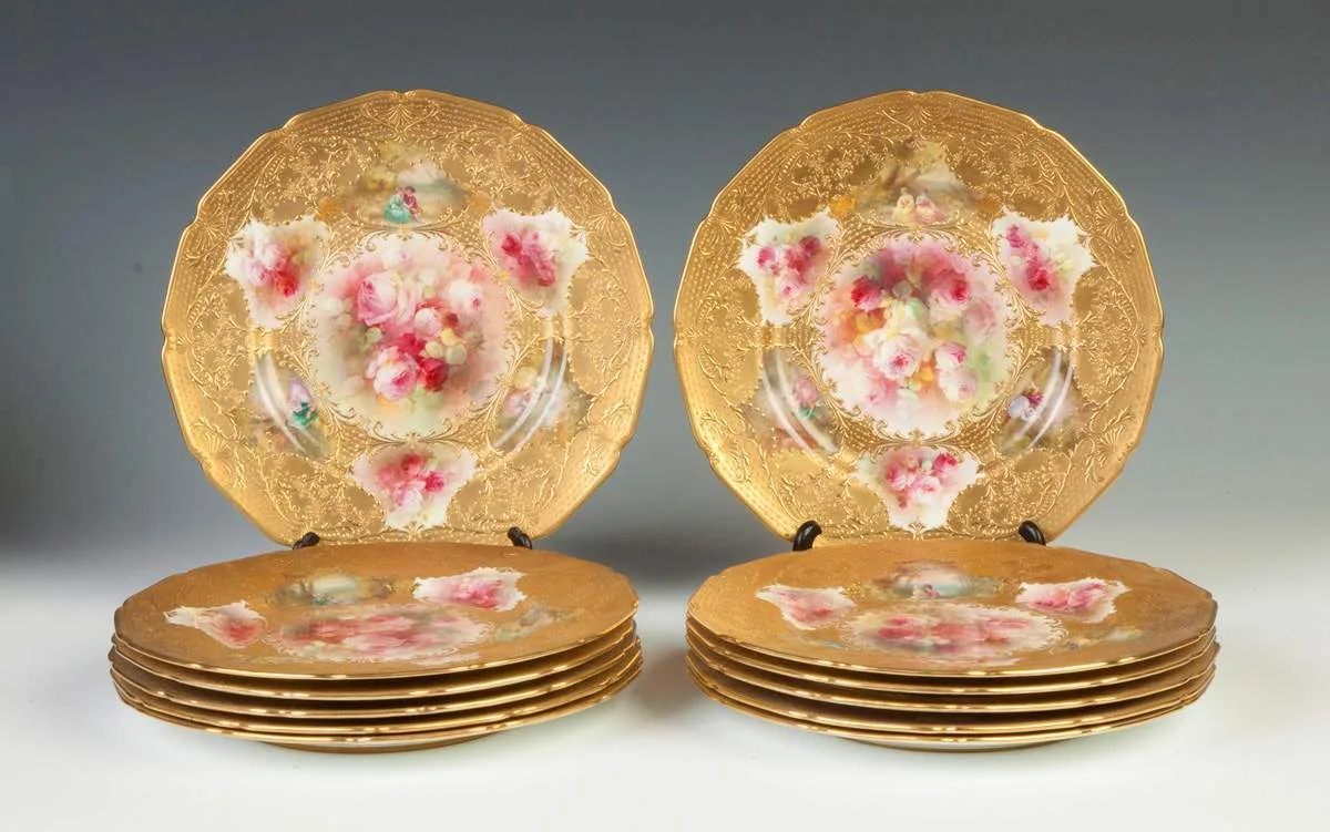 Royal Doulton, Set of 12 Hand Painted & Relief Gold Leafed Plates