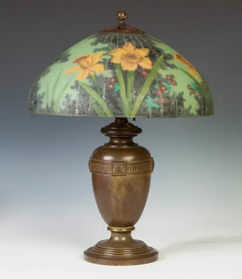 Daffodil Lamp with Chipped Ice Shade by Handel, sold Oct 2014