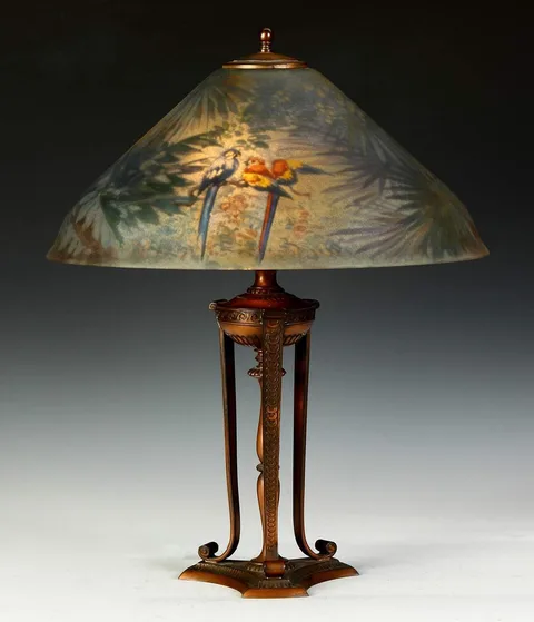 Pairpoint, Reverse Painted Lamp w/4 Parrots & Tropical Landscape