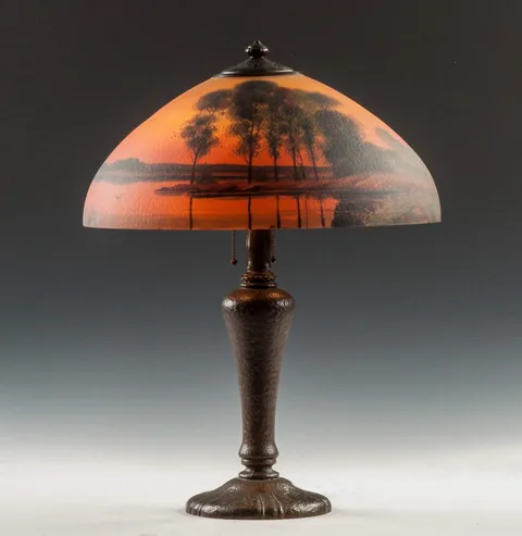 Reverse Painted Lake & Sunset Lamp by Handel, sold Sep 2015