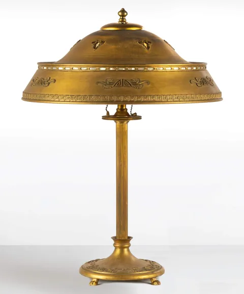 Duffner & Kimberly, Table Lamp, Patinaed brass and mother of pearl tiles