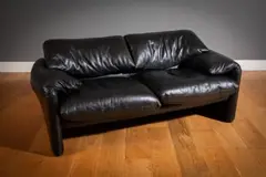 Cassina, A Black Leather Maralunga Sofa,