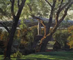 Paul Nietsche, View Of A Church, Lake And Hills Through Trees