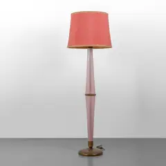 Seguso, A floor lamp, 1930s, Pink pulegoso glass with an oval section, fabric shade, brass