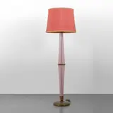 Seguso, A floor lamp, 1930s, Pink pulegoso glass with an oval section, fabric shade, brass