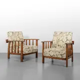 Pierluigi Colli, A pair of armchairs, 1930s, Oak wood, padded cushions covered in fabric