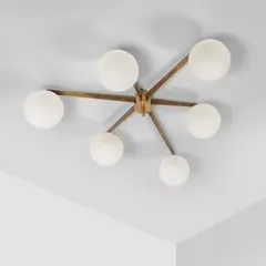 Angelo Lelii, A 'Stella a 6' ceiling lamp, 1959, Brass, globe diffusers in satin finished glass