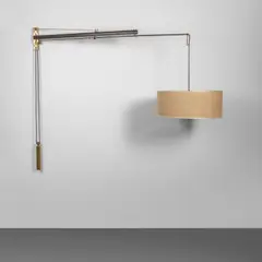 Tito Agnoli, A wall lamp '1102' model, 1960s, Wood, brass, plasticized rattan lampshade with perspex disc