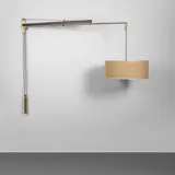 Tito Agnoli, A wall lamp '1102' model, 1960s, Wood, brass, plasticized rattan lampshade with perspex disc