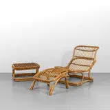 Tito Agnoli, An armchair, a footstool and a coffee table from the 'BP 9' series, 1960s, Rattan, rush, leather