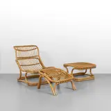 Tito Agnoli, An armchair, a footstool and a coffee table from the 'BP 9' series, 1960s, Rattan, rush, leather