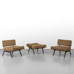 Ipe, Three armchairs from the 'Reno' series transformed into large poufs, 1965, Varnished steel structures, velvet upholstery