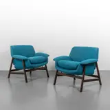 Gianfranco Frattini, A pair of armchairs, '849' model, 1957, Dyed oak wood, fabric upholstery