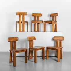 Mario Marenco, A set of six chairs, 1970s, Walnut wood, vinyl upholstery