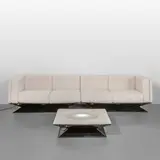 Luigi Pellegrin, Two modular sofas and a coffee table from the 'Vignola' series, 1966, Wooden structures, painted fiberglass bases, boucl´ fabric coverings, opal glass