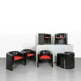 Rodolfo Bonetto, A set of six 'Melaina' armchairs, 1969, Moulded fiberglass, upholstered cushions