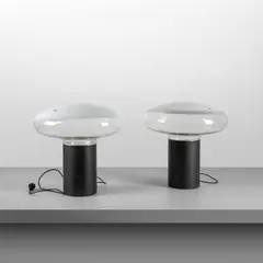 Roberto Pamio, A pair of 'Gill 45' table lamps, 1970, Varnished steel, crystal with opaline register