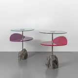 Saporiti, A pair of bistrot tables, 1980s, Natural stone bases, chromed steel structures, lacquered wood, crystal