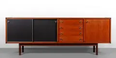 Georges Coslin, Una credenza, 1960s, Legno di teak, alluminio, ante rivestite in vinilpelle