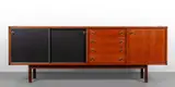 Georges Coslin, Una credenza, 1960s, Legno di teak, alluminio, ante rivestite in vinilpelle