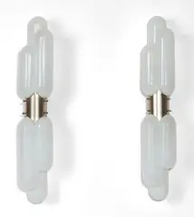 Carlo Nason, Due lampada da parete modello 'Torpedo', 1970s, Acciaio spazzolato, vetro opalino