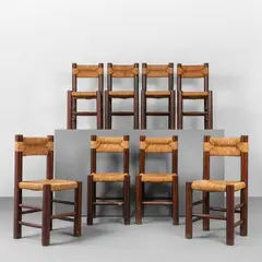 Otto Sedie, Legno di faggio tinto all'anilina, paglia, 1970s, Altezza cm 86, larghezza 42, profondità 42