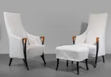 Centro Ricerche Giorgetti, Due poltrone e un pouf, 1987, Legno in pau ferro, legno laccato,