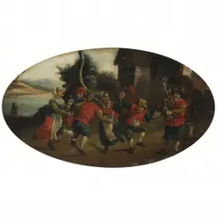 Cornelis Dusart, A DANÇA NA FRENTE DA POUSADA, SÉCULO XVII, ÓLEO SOBRE PLACA DE ESTANHO