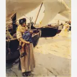 Enrique Martínez Cubells, BARCOS , MÃE E FILHO NA PRAIA, Óleo sobre tela