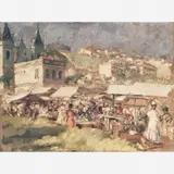 Eugênio Latour, FEIRA NO LARGO DE SANTO CRISTO, ÓLEO SOBRE CARTÃO