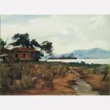 Valle Júnior, PAISAGEM COM CASEBRE A VAPOR, Óleo sobre cartão colado em madeira