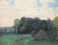 Jan Honsa, Landscape with Flowering Lilacs, Before 1910, Oil on plywood